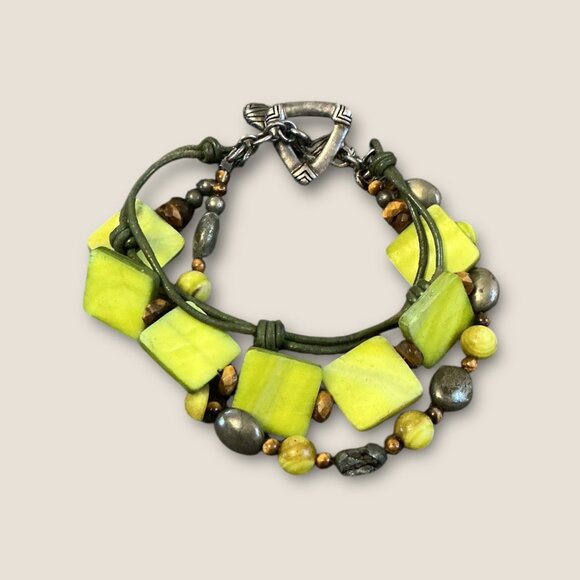 Silpada Sterling Silver & Green Mother Of Pearl Bracelet W/ Tiger Eye Beads 7.5" - Picture 2 of 4